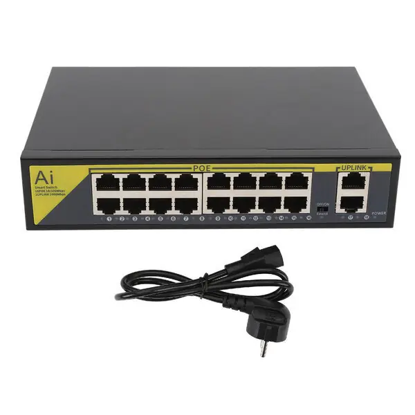 Uutuus 18 Portit Poe Gigabit Ethernet -kytkin, metallivaippa, erinomainen lämmön dispersio, melu, verkon valvonta, AC110-240V, EU-pistoke