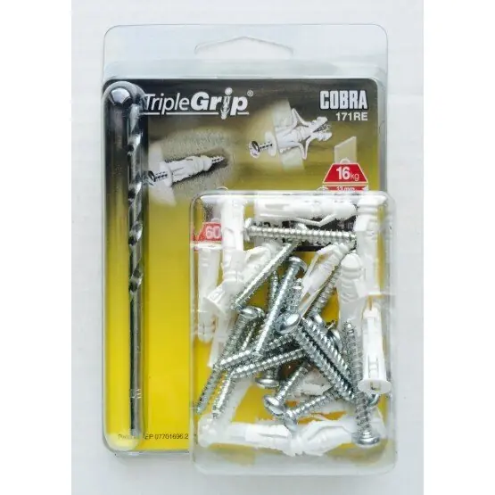 Osta Tänään 4mm Cobra White Triple Grip, 15 kpl, universaali seinäkiinnitys kipsilevyyn ja muuraukseen