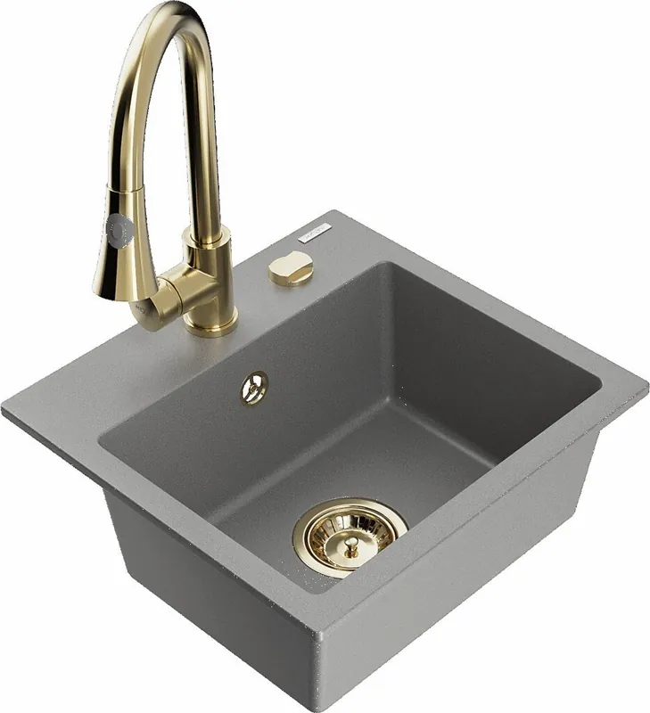 Tehdashinta Granitiitti keittiöallas Mexen Milo hanalla ja vesilukolla, Grey/Gold