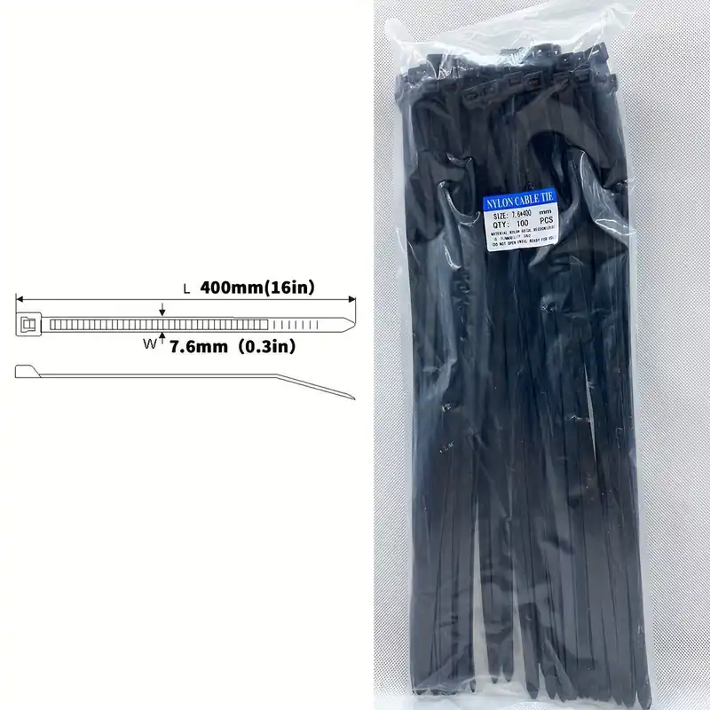 100 kpl 16 tuumaa Nylon Muovi Kaapelisiteet Musta Itselukittuva, 7,6 mm (0,3 colio) 100 vnt.–120 svarų (55 kg) Heti Saatavilla