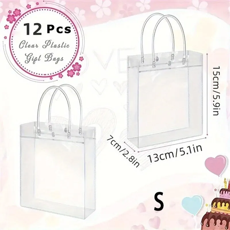 12kpl Uudelleenkäytettävät PVC-kassit - Ihanteellinen Häihin, Lahjoille, Kosmetiikalle, Kukkille & Juhlaherkuille, S*12 vnt Flash-Tarjous
