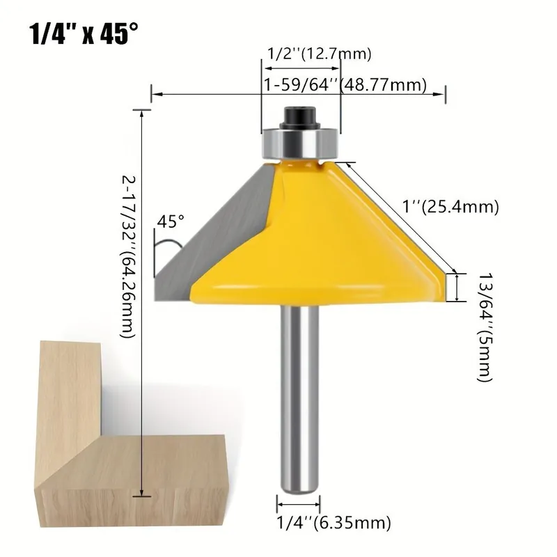 1kpl/5kpl 1/4in 1/2in varren kulma reunajyrsin laakerilla, puutyökalu reunojen muotoiluun., 1/4 colio * 45° Vain Tänään