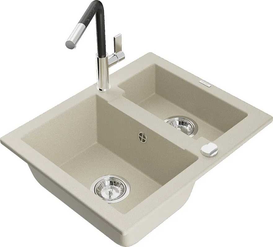 Mexen Carlos 1,5-kulhoinen graniittinen keittiöallas ja Flora-keittiöhana, beige - 6518-69-670401-07 Korkea Laatu
