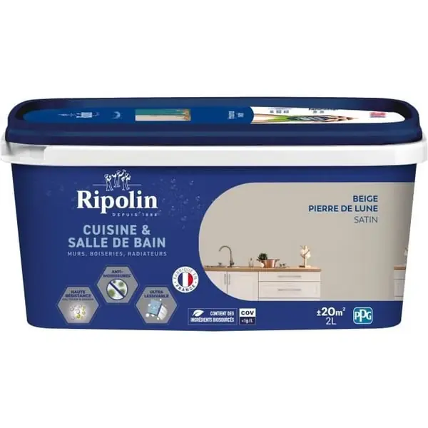 Älä Missaa Maali seinille, puutöille, katoille, pattereille - RIPOLIN - Keittiö ja kylpyhuone - 2 L - Kuunkivi Beige