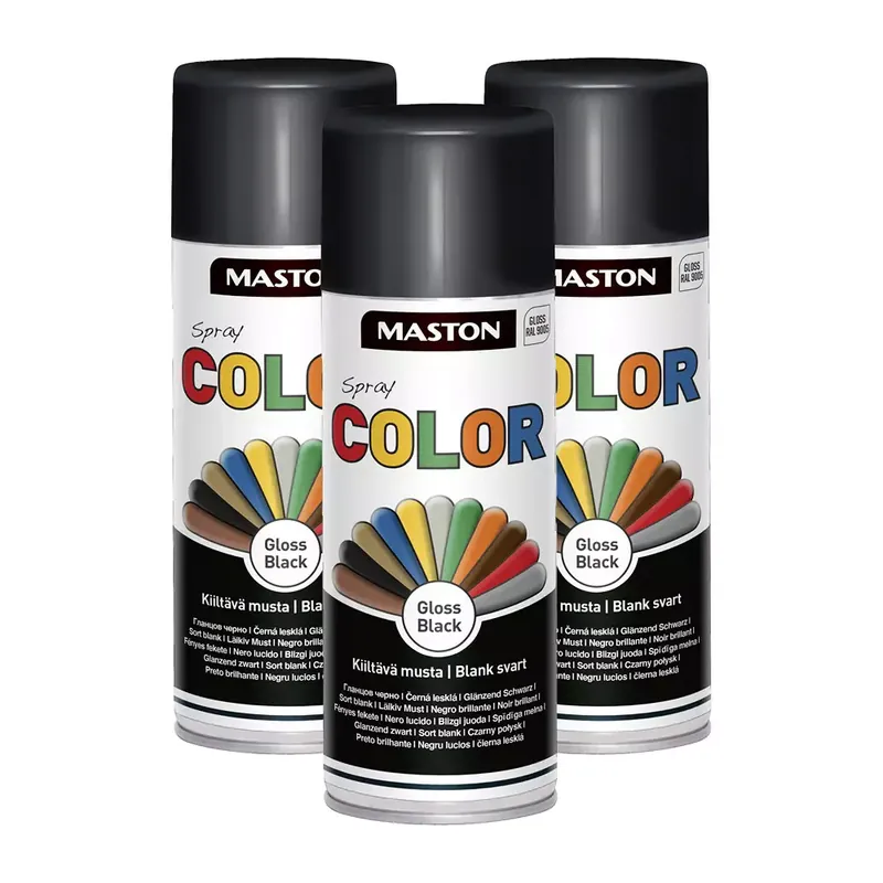 3 x SPRAYMAALI KIILTÄVÄ MUSTA 400ML MASTON COLOR Aito